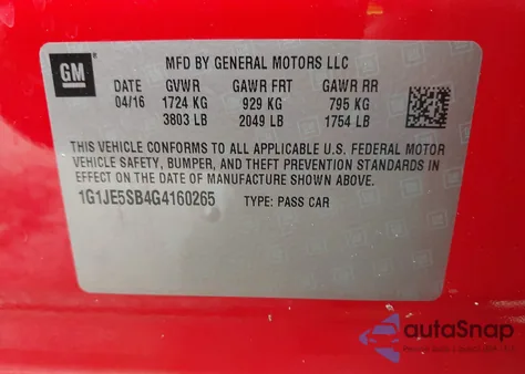 2016 Chevrolet Sonic Ltz Auto из США, поврежденный, VIN 1G1JE5SB4G4160265